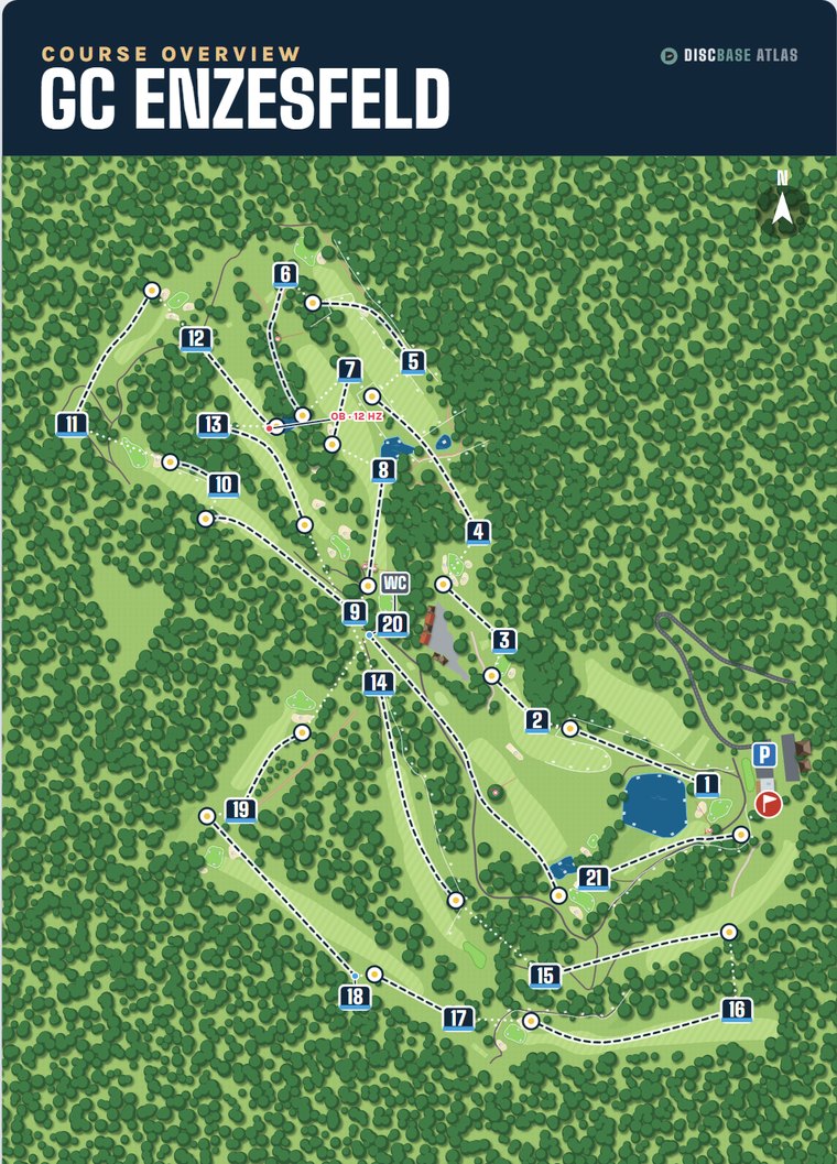 Course overview of GC Enzesfeld as a map with all 21 holes, walking routes, toilets and parking, created with Discbase Atlas