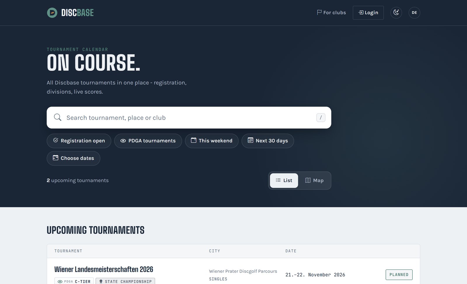 The tournament calendar on discbase.app with search field, filters and the upcoming tournaments